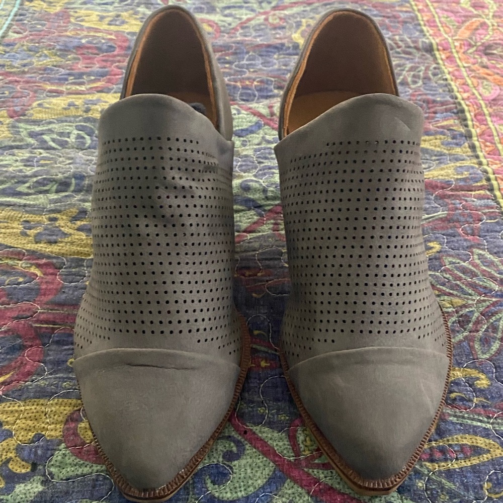 Elegant Gray Perforated Women's Booties with stacked wooden 2.5” heel.